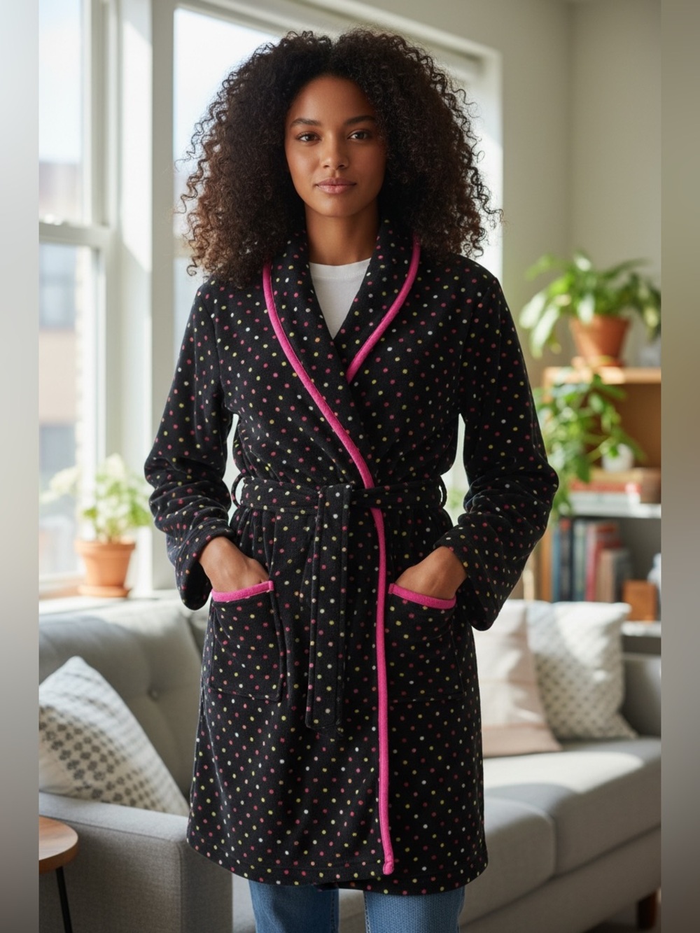 La SENZA Black Polka Dot Robe Coat with Hot Pink Trim